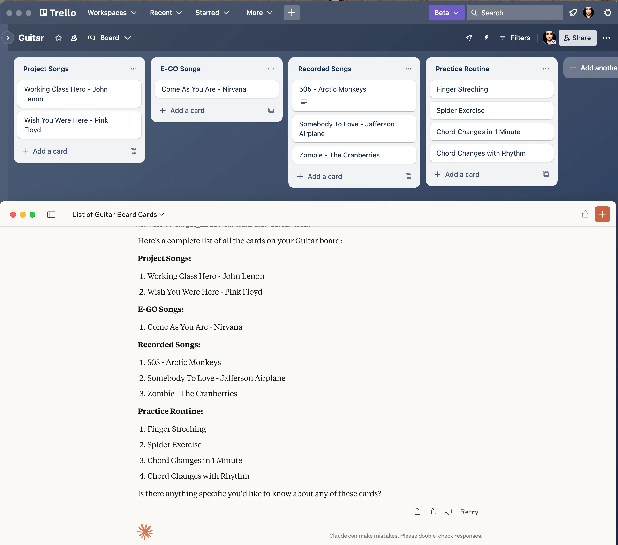 Das Listen alle Karten im Guitar board von Trello MCP Server im Claude